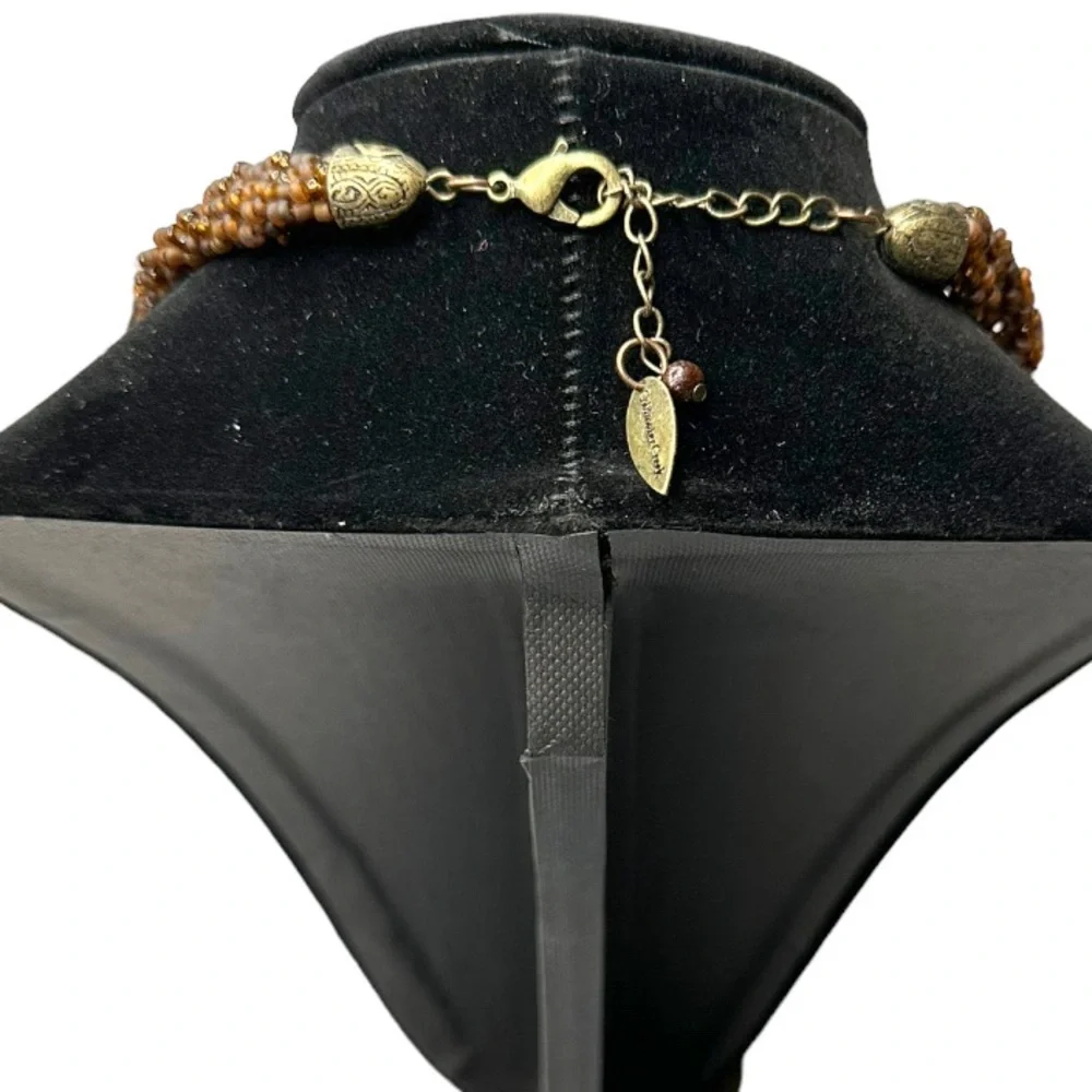 Coldwater Creek Brown Seed Bead Necklace with Carved Pendant